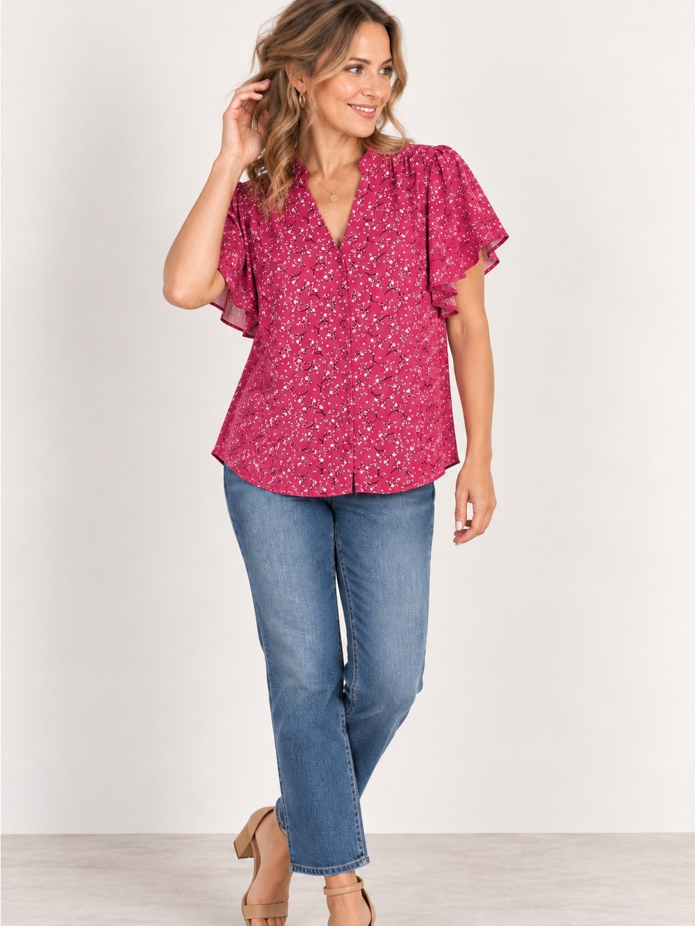 LUSH Berry Floral Short Sleeve Button Front Blouse Pink Floral Top